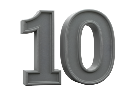 Isolated 3D Rendered Gray Metallic Number 10 With Transparent Background