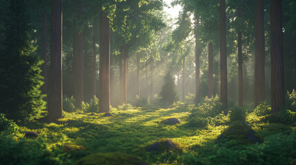 Fototapeta premium Forests and Woodlands Features: Tall trees, moss-covered ground, filtered sunlight.