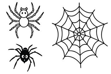 Black and white cartoon spiders and spiderweb icon set cobweb