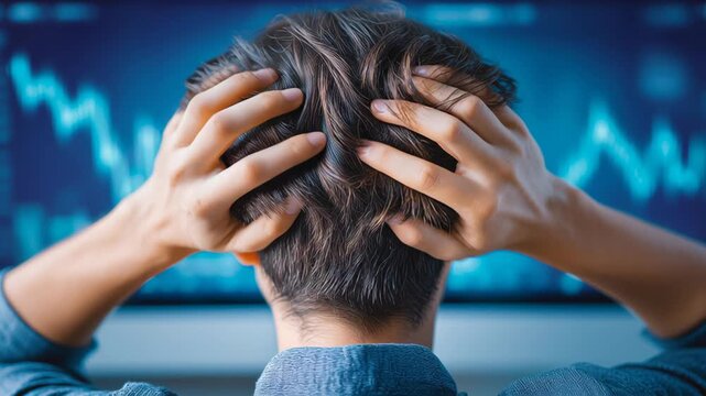 Frustrated Person Holding Head in Stress While Viewing Financial Graphs on Computer Screen Look at Financial Data Challenges