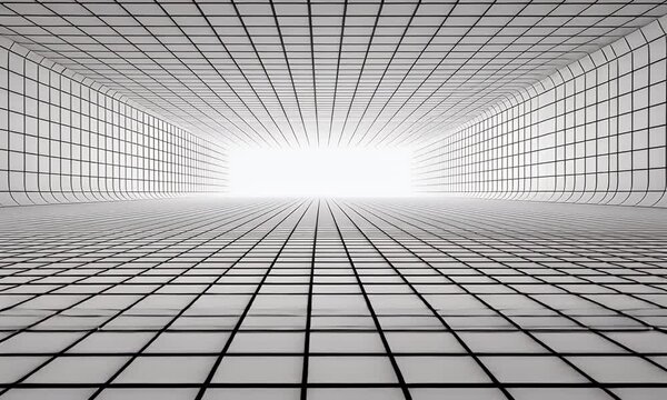 
A white background with lines in perspective, simple and clean, with a grid pattern on the ground and a large blank space above it for text or graphics