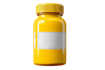 Set of yellow pill bottles with white front label — high-resolution transparent PNG isolated for clean cutout, medical pharmacy packaging mockup, prescription vitamin container, product design