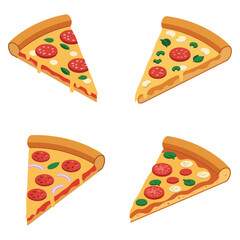 Four Pizza Slices with Pepperoni and Basil Isolated on White Background, Flat vector 