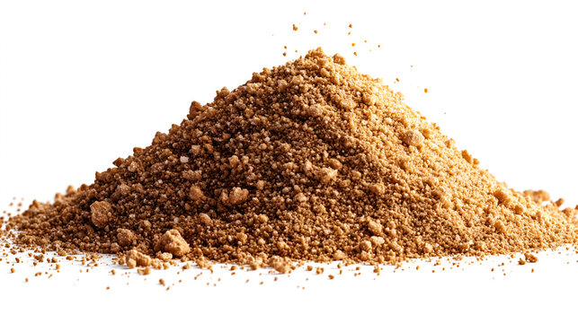 A conical mound of coarse light brown powder or granules, isolated against a clean white background.