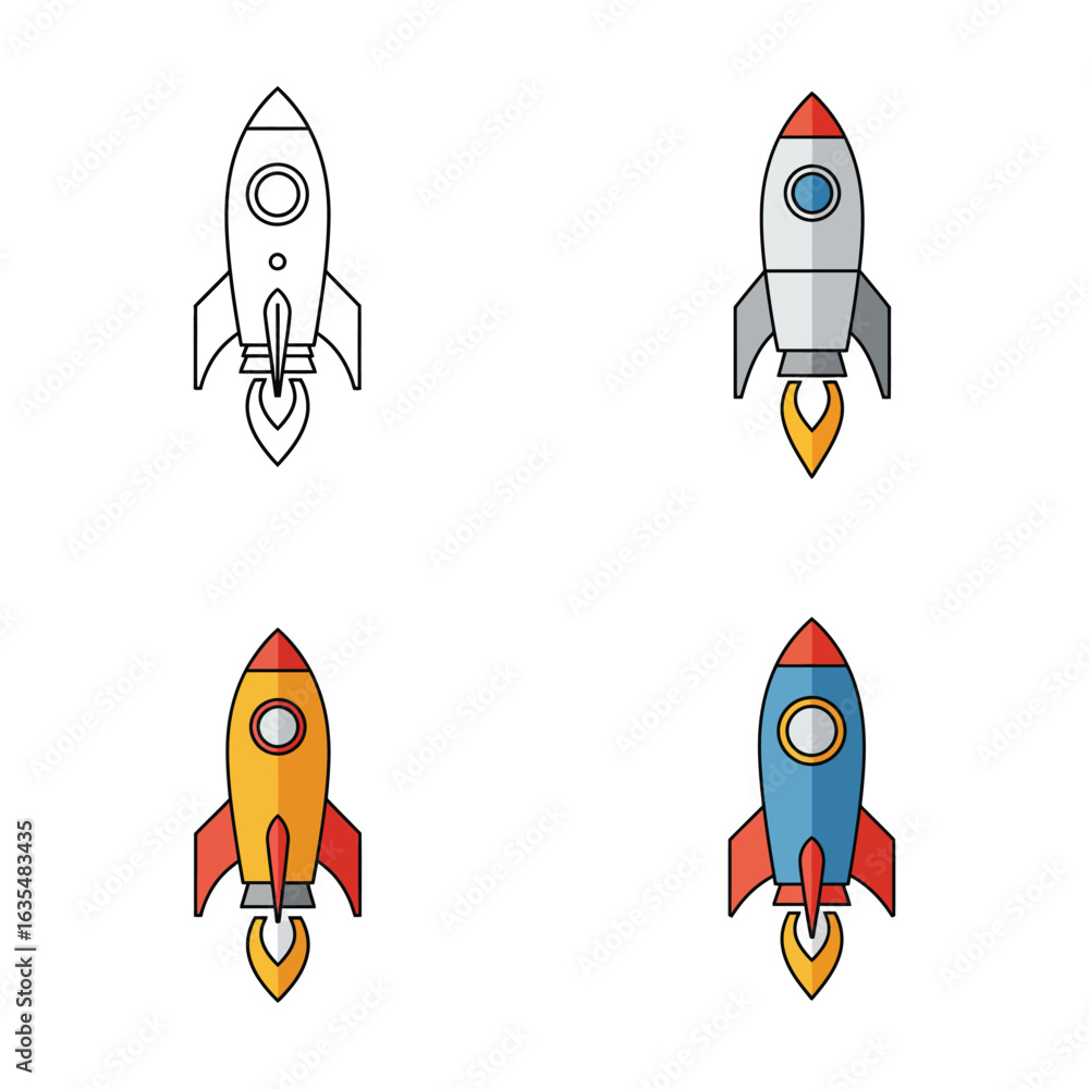 Poster set of four rocket ship illustrations in different styles and colors, flat vector
