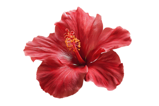 Close-up of a vibrant red hibiscus flower, isolated against a black background.  Detailed petals, exhibiting a soft, textured surface.  A central cluster of stamens in a warm yellow-orange color