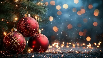 Festive christmas scene red ornaments and glowing lights in snowy atmosphere. Merry Christmas, Nativity, Xmas, Noel, Navidad - Global Winter Holiday, Christian Religious Celebration. Happy New Year - Powered by Adobe