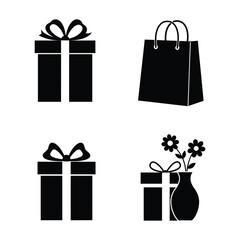 Black and White Gift and Shopping Bag Icons for Celebration and Giving, Flat vector 
