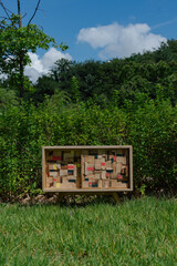 Wooden box art with painted blocks in garden setting against lush green foliage on a sunny day.