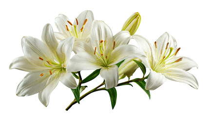 Close-up of three white lilies, elegant and delicate, with subtle orange centers, on dark background