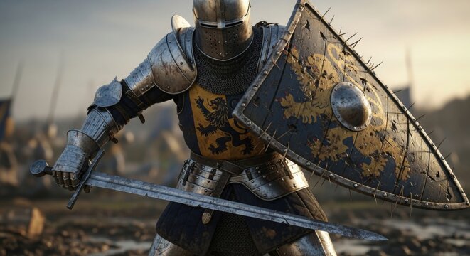 A knight in full armor holding a sword and shield with other knights in the background on a battlefield