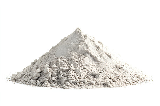 A small conical pile of fine, light gray powder isolated on a plain white background. - Powered by Adobe
