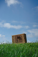 Picnic basket stands in lush grass beneath a bright blue sky with puffy white clouds on a sunny day.