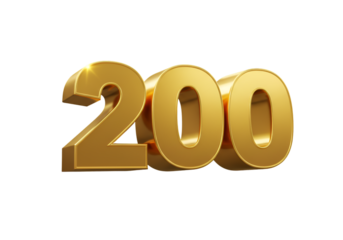 Isolated 3D Render of a Shiny Golden Number 200 with Transparent Background