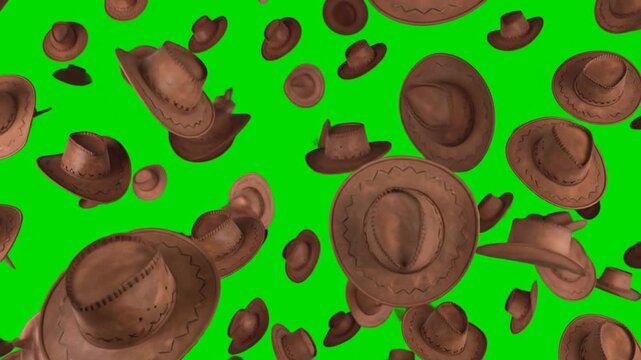 Animated Brown Cowboy Hats Seamlessly Falling on Green Screen Background Symbolic of Western and Country Culture for Festive and Thematic Visuals