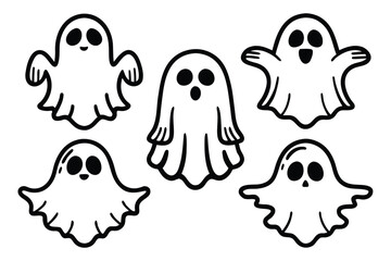 Five black and white cartoon ghosts with simple faces in various poses halloween spooky