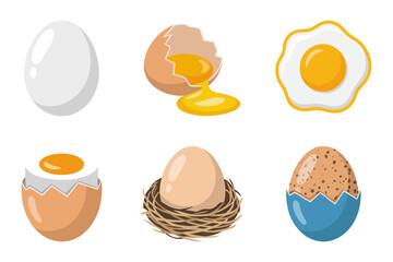Egg icon set, whole and cracked eggs, fried egg vector, breakfast food illustration, fresh egg collection