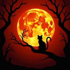 halloween cat on the moon, halloween, tree, night, moon, bat, vector, silhouette, spooky, pumpkin,...