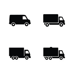 Four Simple Black Delivery Truck Icons, Flat vector 