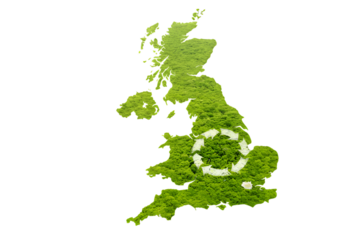 Illustration of United Kingdom Map with Green Forest and Recycling Symbol