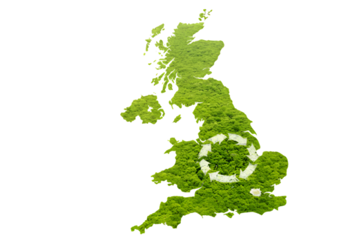 Illustration of United Kingdom Map with Green Forest and Recycling Symbol