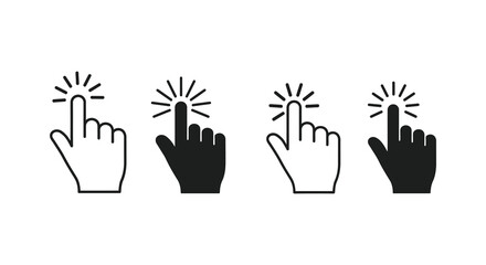 Clicking Finger Icon Set Black and White Hand Cursor Symbol Collection, Flat vector 