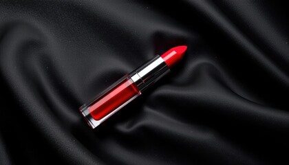 A vibrant red lipstick on luxurious black fabric.