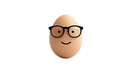 A brown egg with a pair of black glasses and a simple happy smiley face, appearing cute and whimsical.