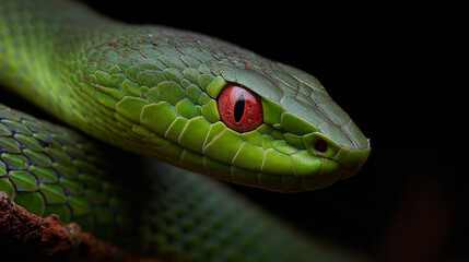 Fototapeta premium Green snake close up with red eye and detailed scales on black background showing reptile texture and nature beauty