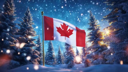 Canadian flag amidst snowy winter forest with snowfall and sunlight. Independence Day of Canada