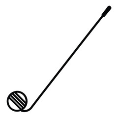 Minimalist black and white illustration of a golf club and ball in motion