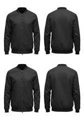 Isolated Black Bomber Jacket Illustration Front and Back Views On Transparent Background