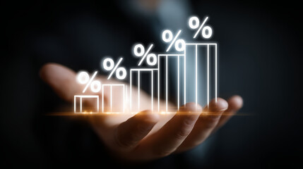 Naklejka premium Percentage growth chart with glowing bars rising above open hand, symbolizing financial success and increasing profits