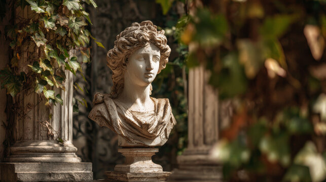 Classical marble bust sculpture with curly hair placed outdoors near stone columns and surrounded by green and brown leaves in soft sunlight