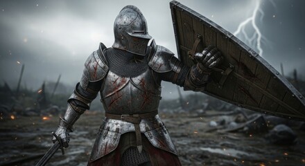 Fototapeta premium Armored knight stands defiantly amidst a battlefield under a stormy sky with lightning strikes behind him