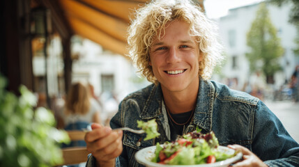Fototapeta premium Young man eating fresh salad outdoors smiling happily in casual denim jacket enjoying healthy meal in sunny cafe