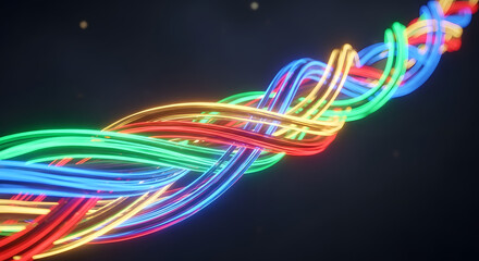 Futuristic concept of network complexity with intertwined, colorful glowing strands of fiber optic data cables.