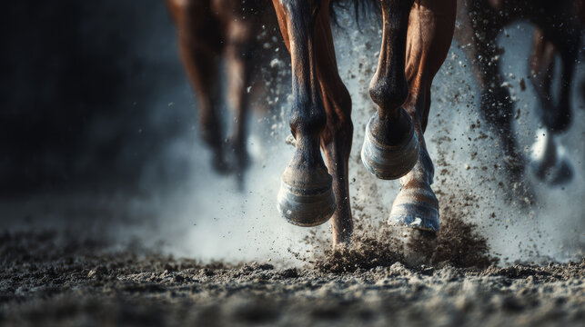 Horse hooves running on dirt track with dust flying, capturing dynamic motion and energy of horse racing action