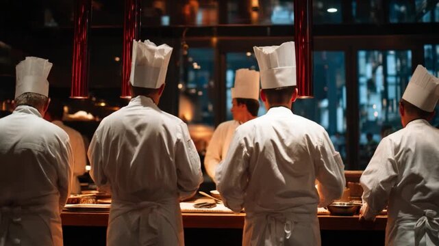 Culinary Symphony: A team of chefs in pristine white uniforms orchestrates a ballet of flavors in a meticulously lit commercial kitchen, preparing culinary masterpieces.