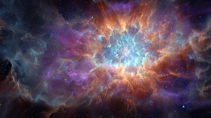 Obraz premium Cosmic nebula with vibrant blue and orange clouds glowing in deep space, creating stunning celestial explosion full of stars and cosmic dust