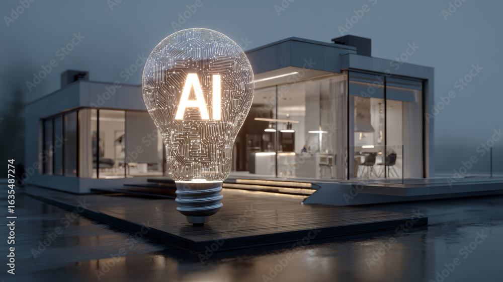 Poster artificial intelligence glowing light bulb with circuit pattern near modern house at dusk, symbolizi
