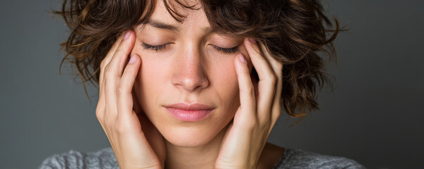 Fototapeta premium Young woman with curly hair holding her head with closed eyes, expressing stress or headache, isolated on gray background