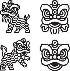 Obraz premium Set of Lion dance Outline vector illustration isolated On Transparent Background