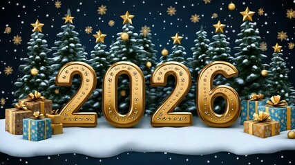 Festive 2026 celebration with snowy trees, golden numbers, and gift boxes. Happy New Year 2026