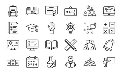 24 Education and School Line Icons Learning, Teaching, Online Classes, Graduation, Science, Math, and Classroom Vector Icon Set for Teachers, Students, and Educational Projects