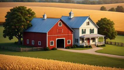 Obraz premium Idyllic Rural Farmhouse and Barn with Wheat Fields in Summer Golden Hour Landscape Photography