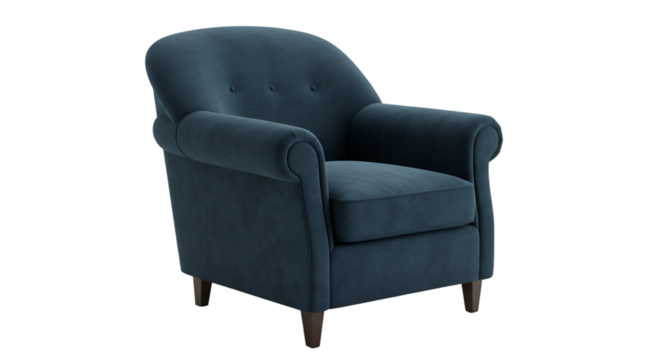 Isolated 3D Render of a Blue Velvet Armchair with Wooden Legs on Transparent Background