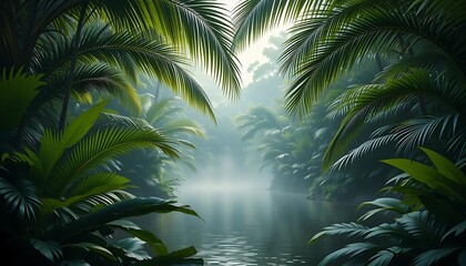 Mystical and foggy jungle landscape with lush green palm leaves over a serene river, capturing a moody and atmospheric rainforest scene perfect for travel, nature, or a tranquil background