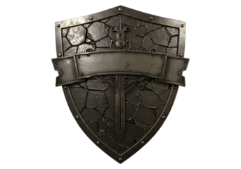 Isolated 3D Render of a Metallic Shield with a Grunge Texture on Transparent Background