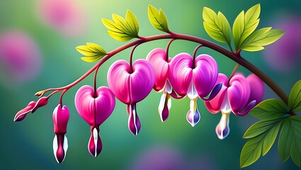 Close up of pink bleeding heart flowers on a branch
